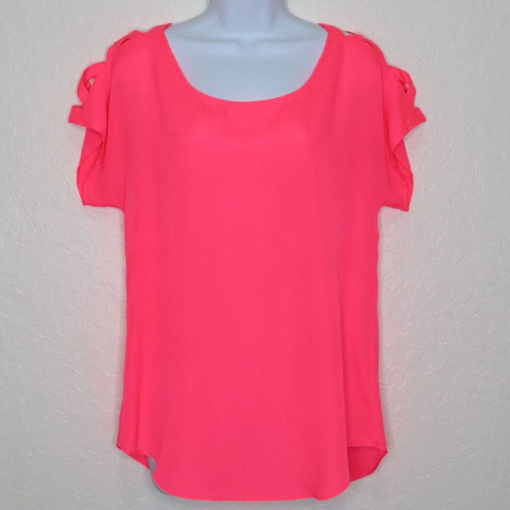 Express* Women's Short Sleeve Boat Neck Curved Hem Pink Sheer Blouse~ Size SP